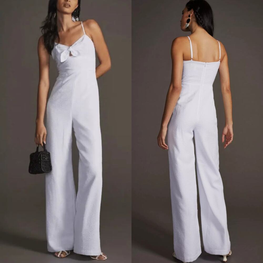 Hutch Savannah White Seersucker Bow Front Wide Leg Jumpsuit Size 2 XS Preowned